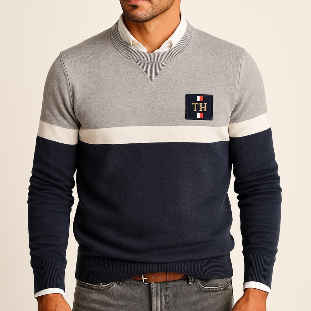 Tommy Hilfiger Vintage Colorblock Crewneck Sweatshirt Gray Navy TH Logo Patch